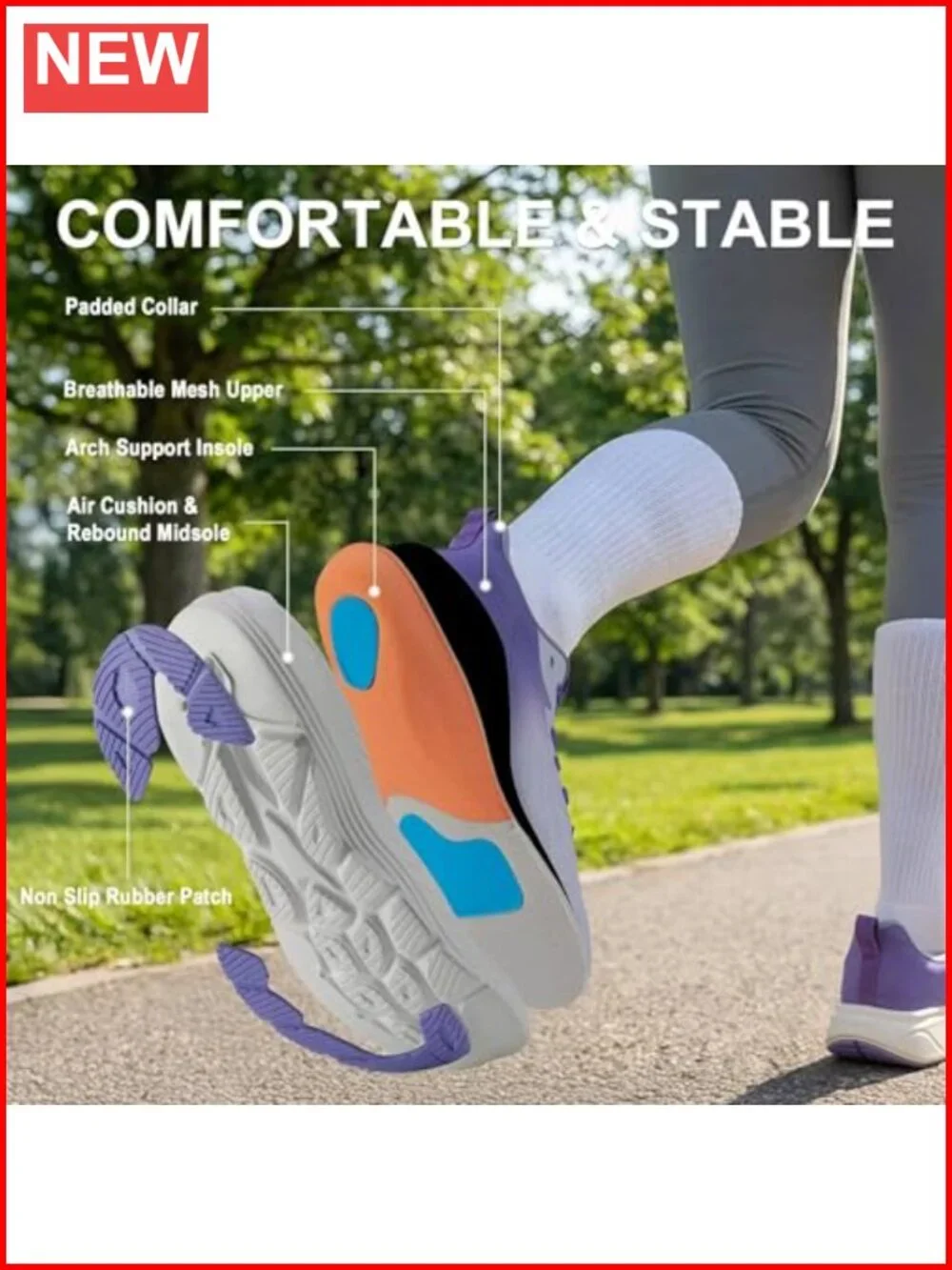 Slip On Walking Shoes Cushion Running Tennis Arch Support Non Slip Sole
